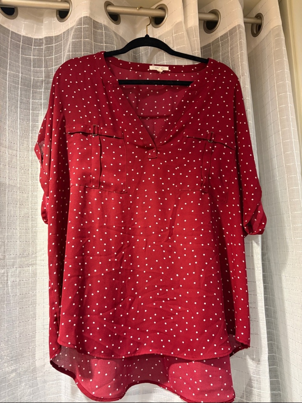 Maurices Red Polka Dot V-Neck Roll-Tab Blouse